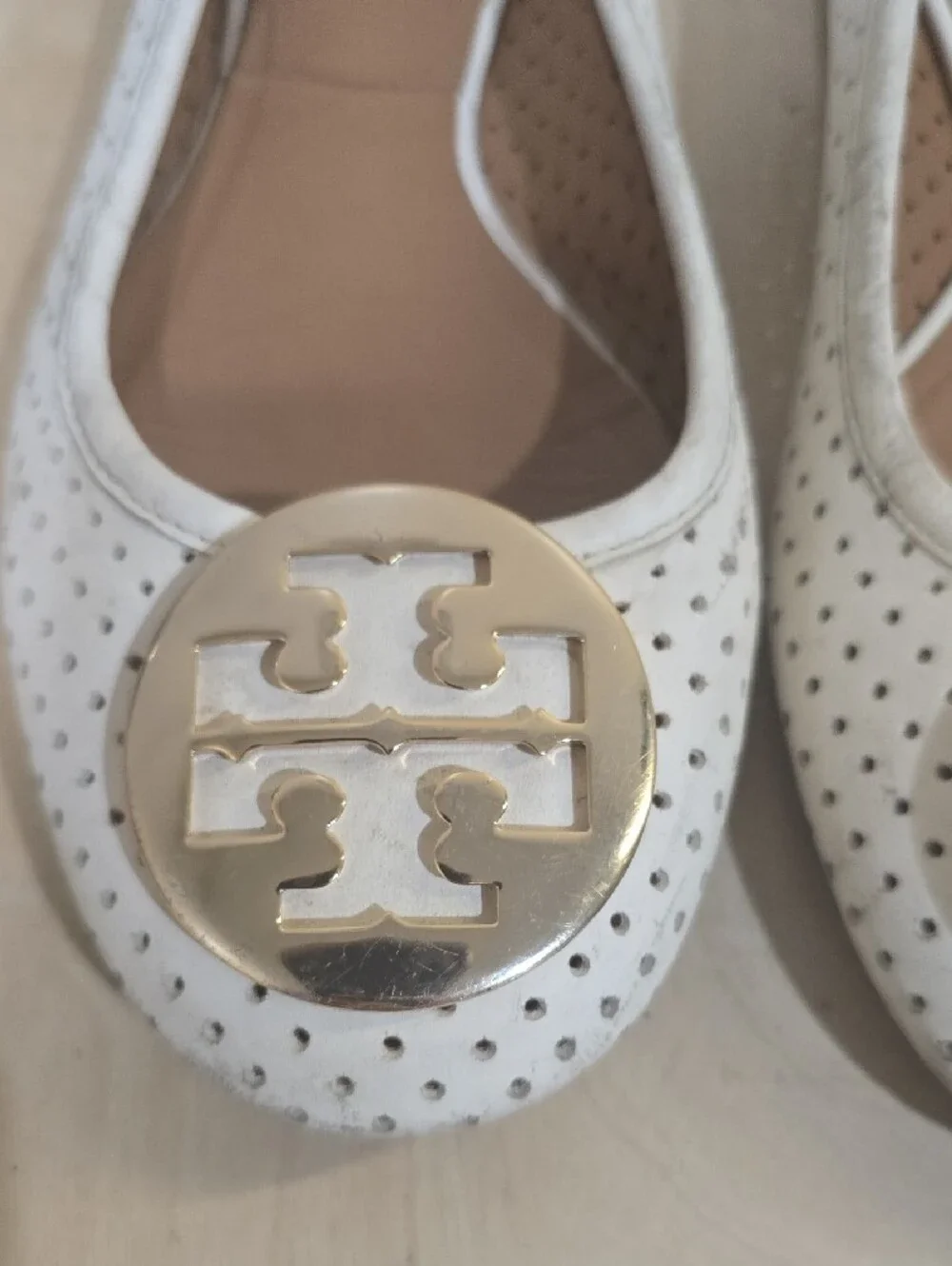 Tory Burch White Perforated Leather Logo Medallion Flats